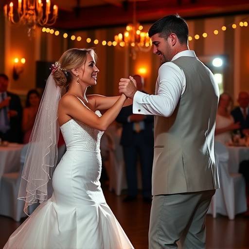 Casal de noivos danäando durante a festa de casamento, com iluminaäão festiva e atmosfera alegre.