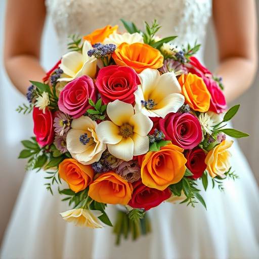 Fotografia de detalhes de um buquê de flores de casamento com cores vibrantes