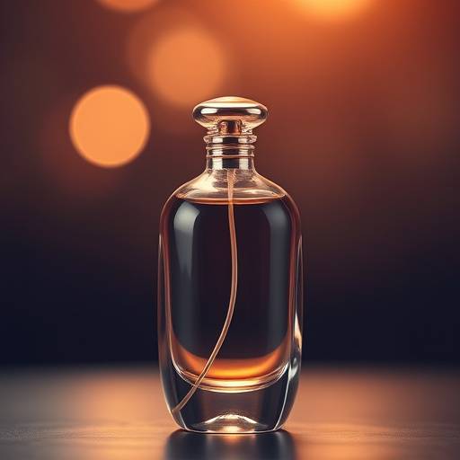 Fotografia de um frasco de perfume elegante com fundo desfocado e iluminaäão suave.