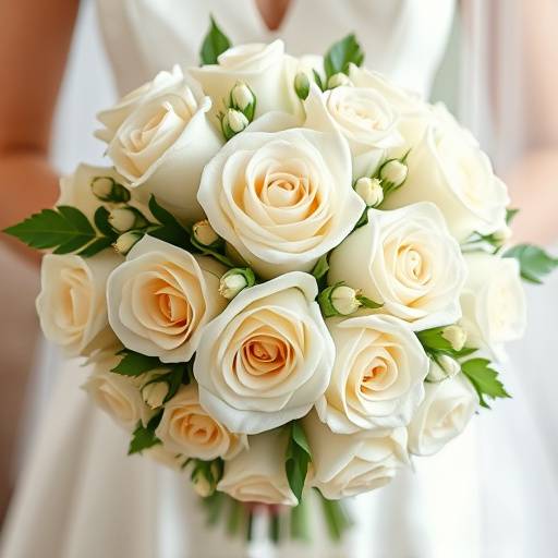 Fotografia detalhada de um buquê de noiva com rosas brancas e detalhes delicados.