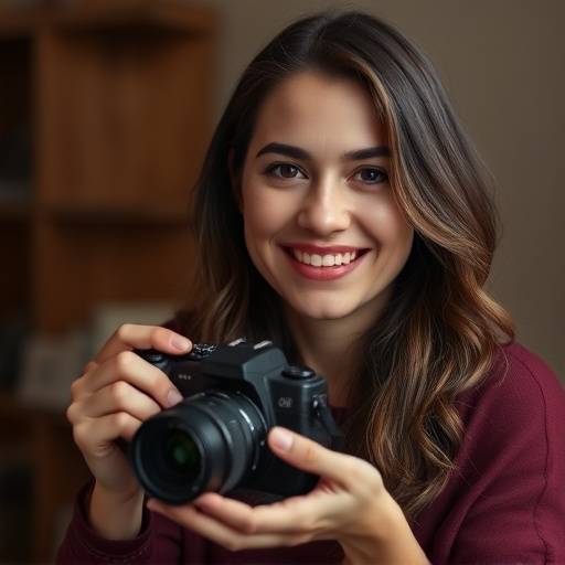 Retrato de Ana Carolina Silva, sorrindo e segurando uma câmera