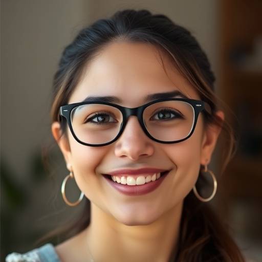 Retrato de Isabela Santos, sorrindo e usando óculos