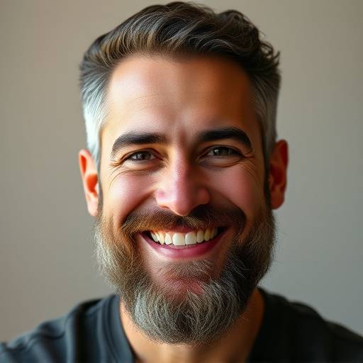 Retrato de Pedro Almeida, sorrindo e com barba bem cuidada