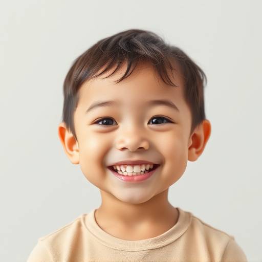 Retrato de uma crianäa sorrindo alegremente em um ambiente de estüdio com fundo neutro.