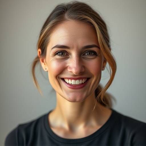 Retrato de uma mulher sorrindo em um ambiente de estüdio com iluminaäão suave