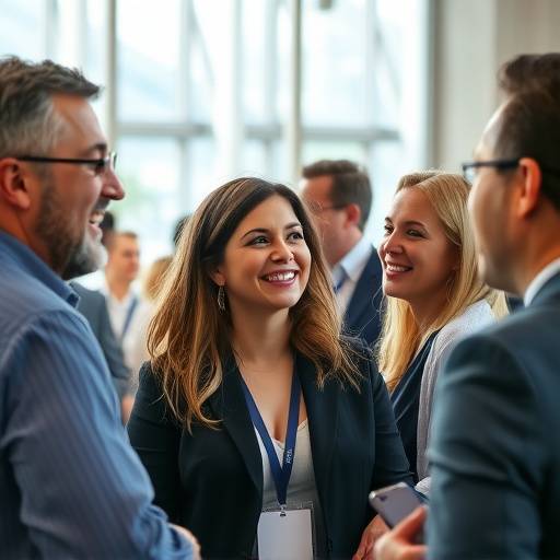 Um fotógrafo capturando um momento durante um evento corporativo, com pessoas interagindo e sorrindo.