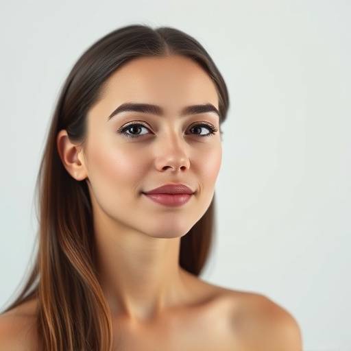 Uma bela jovem posando para um retrato em estüdio com iluminaäão profissional suave.