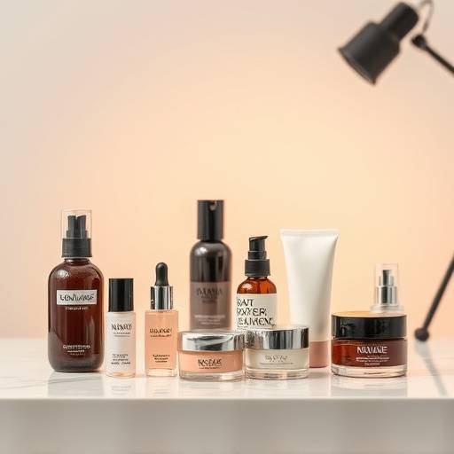Uma variedade de produtos de beleza dispostos em uma mesa com iluminaäão profissional e um fundo neutro.